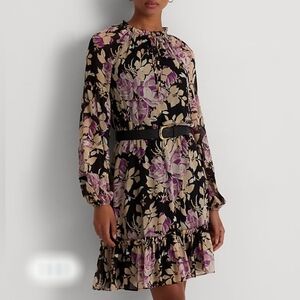 LRL Floral Georgette Tie-Neck Dress